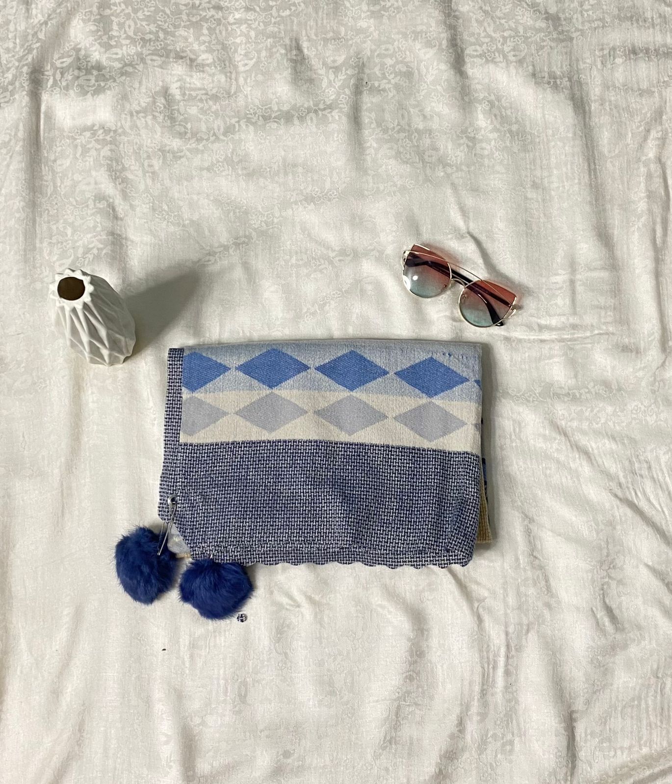 Blue Pompom Stole - Shawl